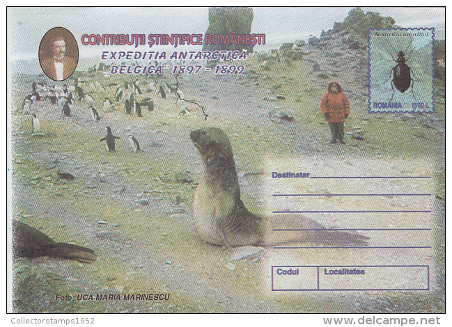 37126- BELGICA ANTARCTIC EXPEDITION, PENGUINS, SEAL, EMIL RACOVITA, COVER STATIONERY, 1999, ROMANIA - Antarktis-Expeditionen