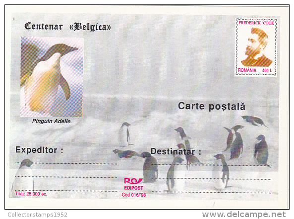 37164- BELGICA ANTARCTIC EXPEDITION CENTENARY, PENGUINS, F, COOK, POSTCARD STATIONERY, 1998, ROMANIA - Antarctic Expeditions