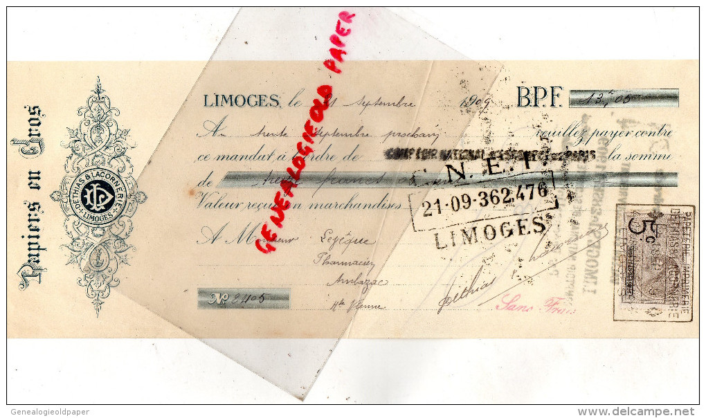 87 - LIMOGES - MANDAT PAPIERS PAPETERIE IMPRIMERIE DETHIAS & LACORNERIE- 1909 - Druck & Papierwaren