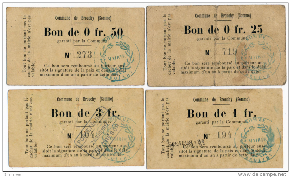 1914 - 1918 // BROUCHY (Somme) // Bon Municipal // 25, 50 Centimes &amp; 1 Et 3 Francs - Bons & Nécessité