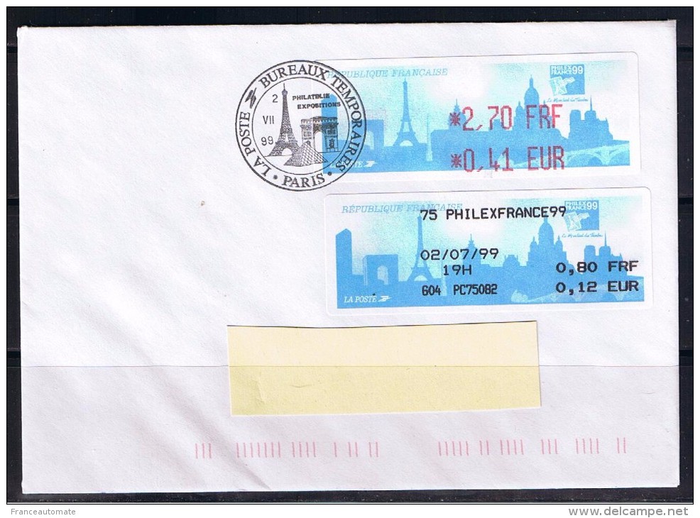 ATM, LISA1, FDC,  Philexfrance,  2/07/1999, 2.70FRF/0.41EUR, Complément  + De 20g Mog 0.80FRF/012EUR 1er Jour. - 1999-2009 Vignettes Illustrées