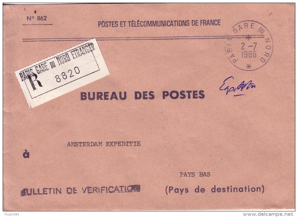 ENVELOPPE N°862 - ENVELOPPE RECOMMANDEE DE PARIS GARE DU NORD ETRANGER - POUR LES PAYS-BAS - LE 2-7-1986. - Telegraph And Telephone