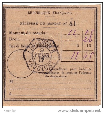 VAUCLUSE - RECETTE AUXILIAIRE AVIGNON A - 9-1-1917 - RECEPISSE DE MANDAT N°81. - Télégraphes Et Téléphones