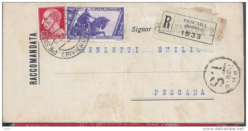 Registered Letter Court Pescara, Riviera 1934. Stamp Horse Statue.Einschreiben Pescara 1934 Riviera Gericht. 2 Sca - Assurés