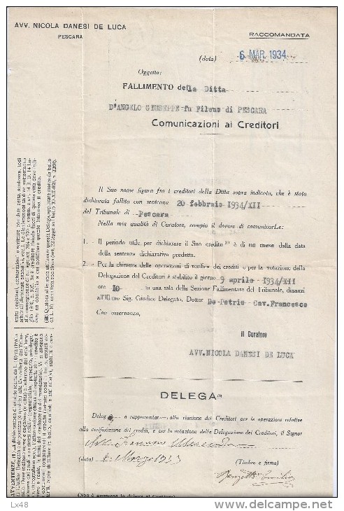 Registered Letter Court Pescara, Riviera 1934. Stamp Horse Statue.Einschreiben Pescara 1934 Riviera Gericht. 2 Sca - Assurés