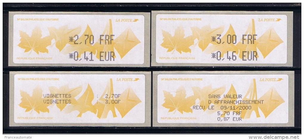 ATM, LISA1, E 2.70/ 0.41 EUR, 3.00 FRF/ 046 EUR. 54eme Salon Philatélique D´automne De Paris.RECU Du 1er Jour 9/11/2000. - 1999-2009 Illustrated Franking Labels