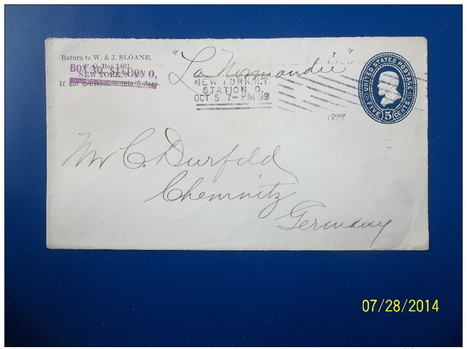 USA: 1899 Postal Envelope To Germany (#CA2) - ...-1900