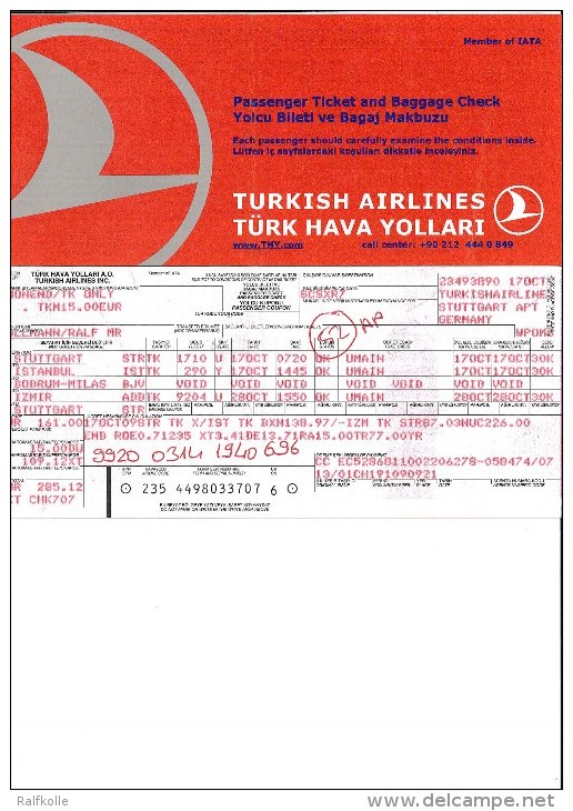 Turkish Airlines 2 Tickets Stuttgart Istanbul Bodrum, Izmir Stuttgart - Europe