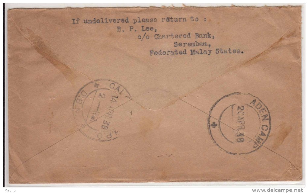 8c Negri Sembilan Malaya / Malaysia To Aden Camp With Redirect To Madras Cover Used 1938 - Negri Sembilan