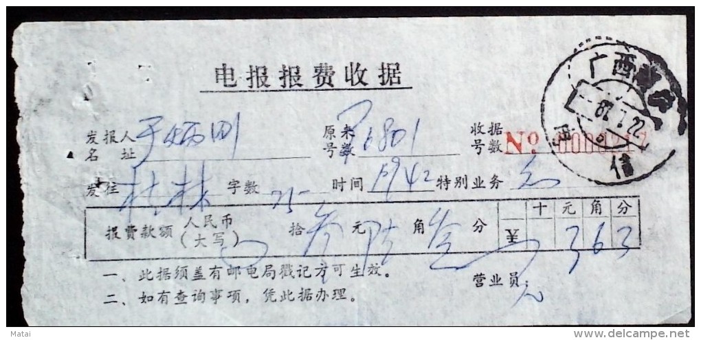 CHINA CHINE CINA  TELEGRAPH FEE RECEIPT - Unused Stamps