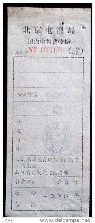 CHINA CHINE CINA  BEIJING OFFICE TELEGRAPH FEE RECEIPT - Unused Stamps