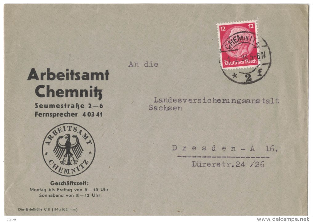 AS102     Deutsches Reich Germany 1934 Cover Arbeitsamt Chemnitz - Chemnitz Nach Dresden - Covers & Documents