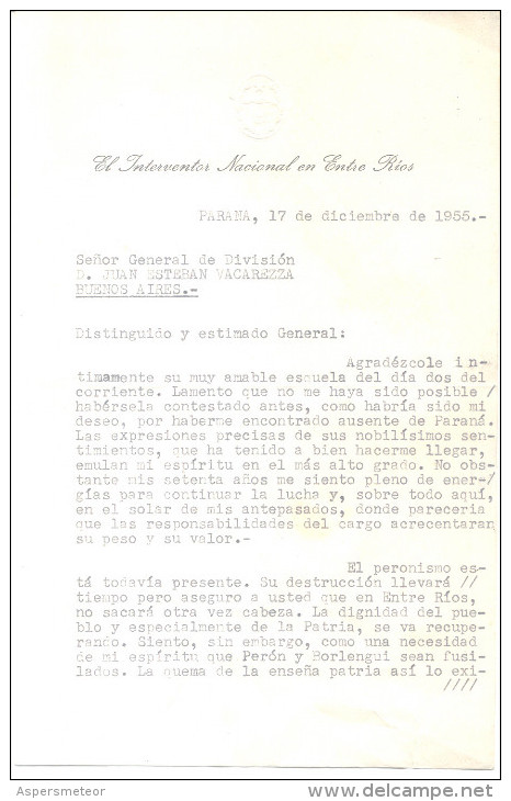 HAY QUE MATAR A PERON Y A BORLENGHI - CARTA ORIGINAL DEL 17 DE DICIEMBRE DE 1955 DIRIGIDA AL JEFE DE LA POLICIA FEDERAL - Documentos Históricos