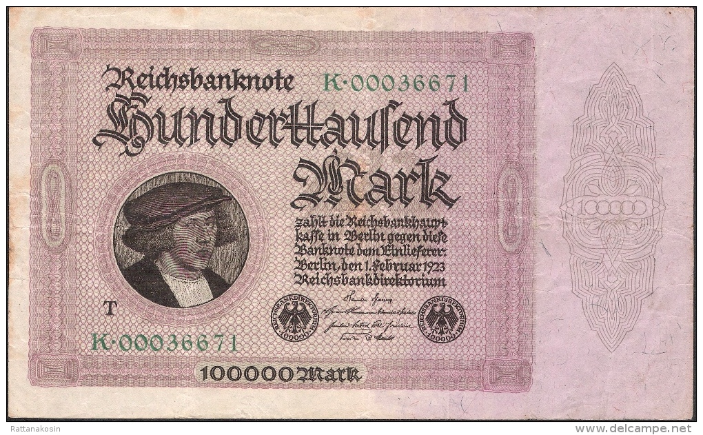 GERMANY P83b 100.000 MARK  1.2.1923 Letter T    VF - 100000 Mark