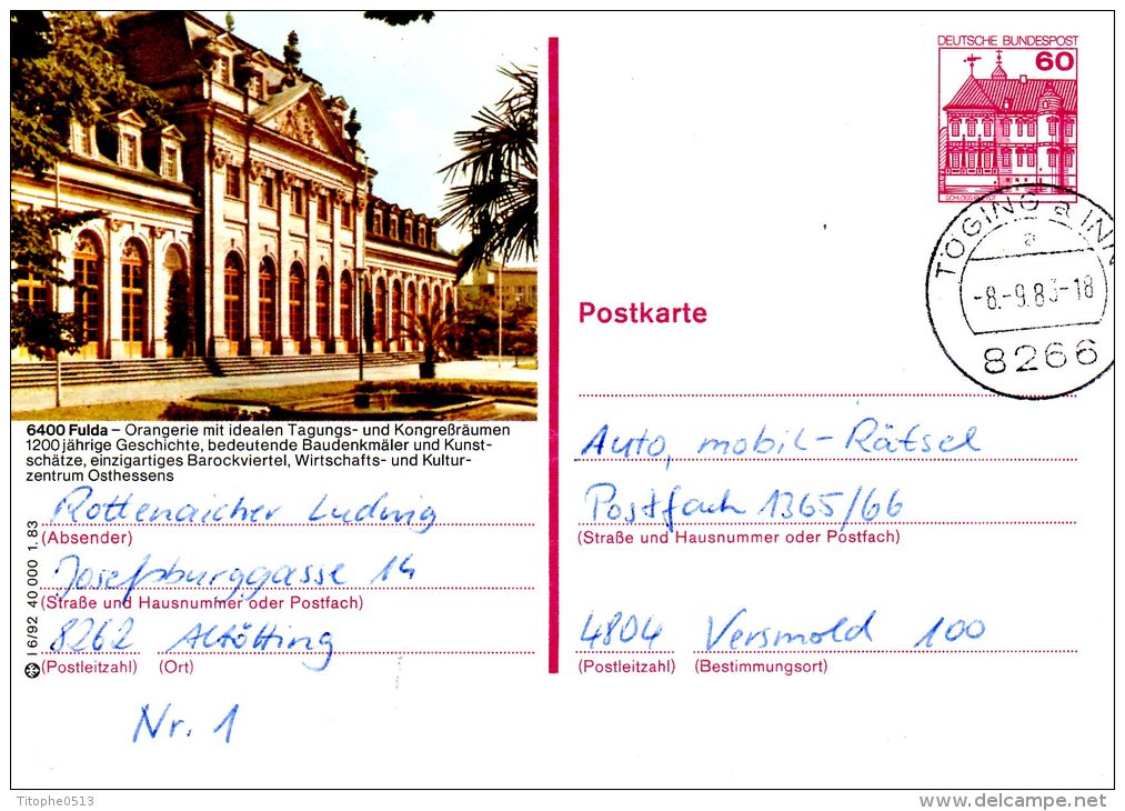 ALLEMAGNE. Carte Pré-timbrée Ayant Circulé. Fulda. - Illustrated Postcards - Used