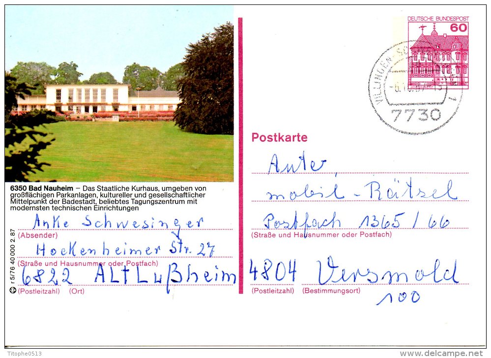 ALLEMAGNE. Carte Pré-timbrée Ayant Circulé En 1987. Bad Nauheim. Oblitération : Villingen-Schwenningen. - Illustrated Postcards - Used