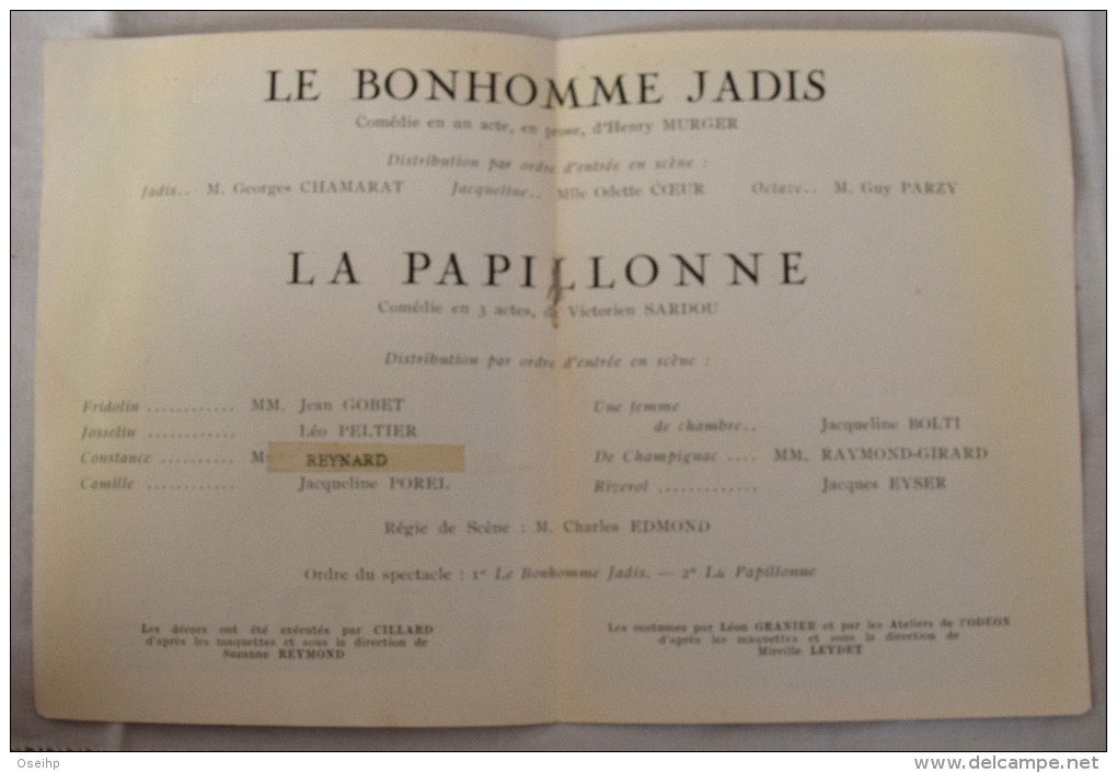 Programme Théâtre National De L´Odéon René Rocher Le BONHOMME JADIS - LA PAPILLONNE Victorien Sardou Chamarat Parzy - Programmes