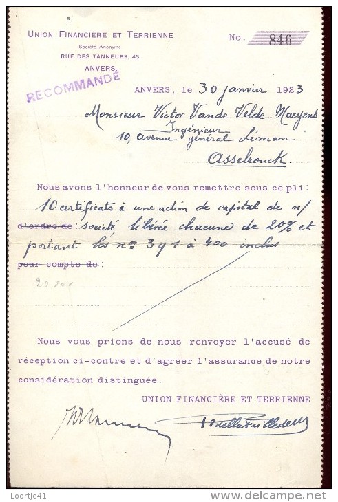 Wissel - Reçu - Union Financiere Et Terrienne - Anvers Antwerpen 1923 - Bank & Insurance