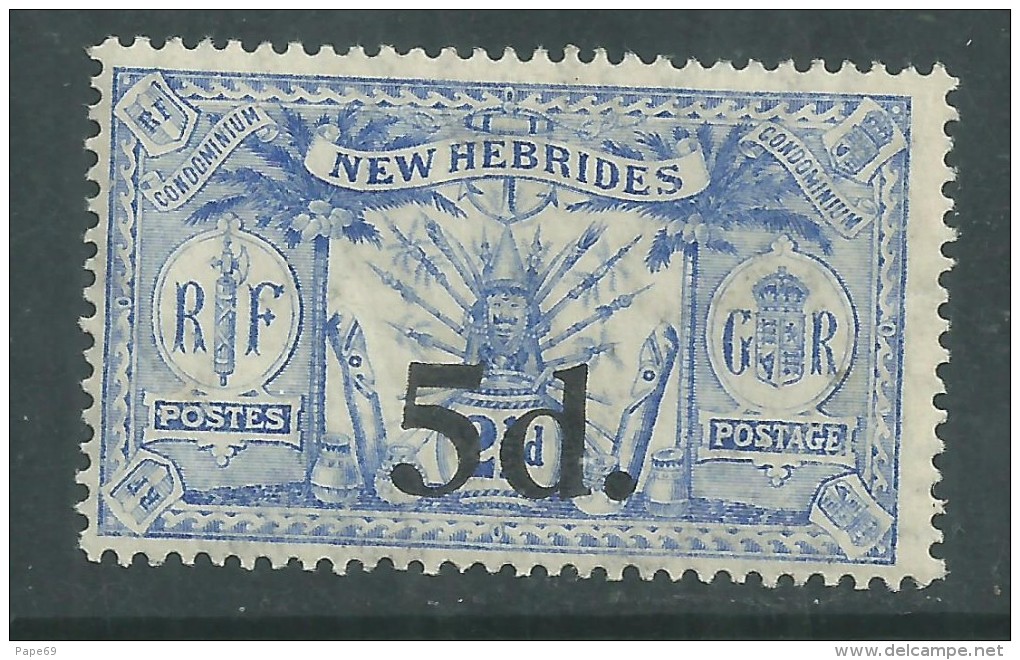 Nlles Hébrides N° 79 X  :  Timbre Surchargé 5 D. Sur 2 1/2  P., Légende Anglaise,  Trace De Charnière  Sinon  TB - Unused Stamps