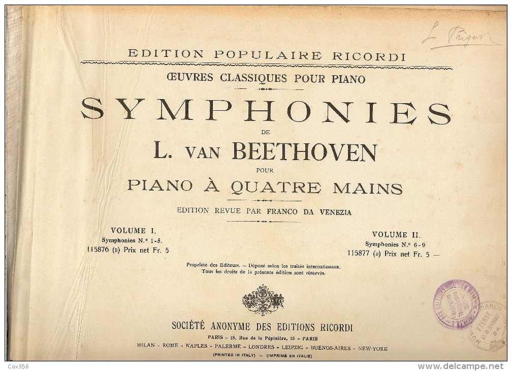 PARTITION  "SYMPHONIES De BEETHOVEN" G.RICORDI & C , Editeurs à MILAN . Volume II - Partitions Musicales Anciennes