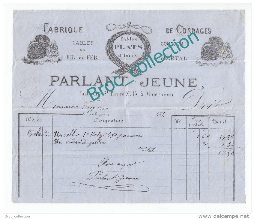 Montluçon, Fabrique De Cordages Parlant Jeune, Cables, 15, Faubourg Saint-Pierre, Facture 1872 - 1800 – 1899