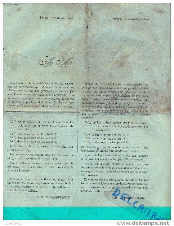 Schuldeisers En Concordaat Edm. Vanderhofstadt - Brugge 1875 - Bank & Versicherung