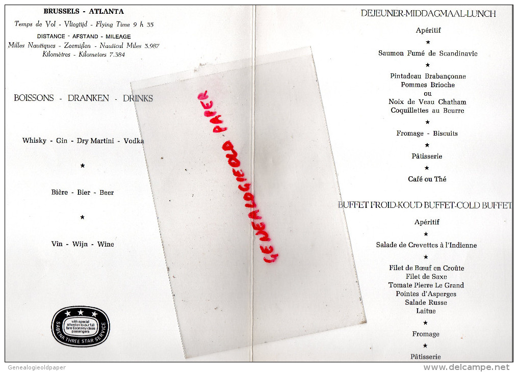 BELGIQUE- MENU SABENA BELGIAN WORLD AIRLINES - BRUSSELS-ATLANTA- MARCHANDE D' HUITRES LITHOGRAPHIE CARTE VERNET - Menus