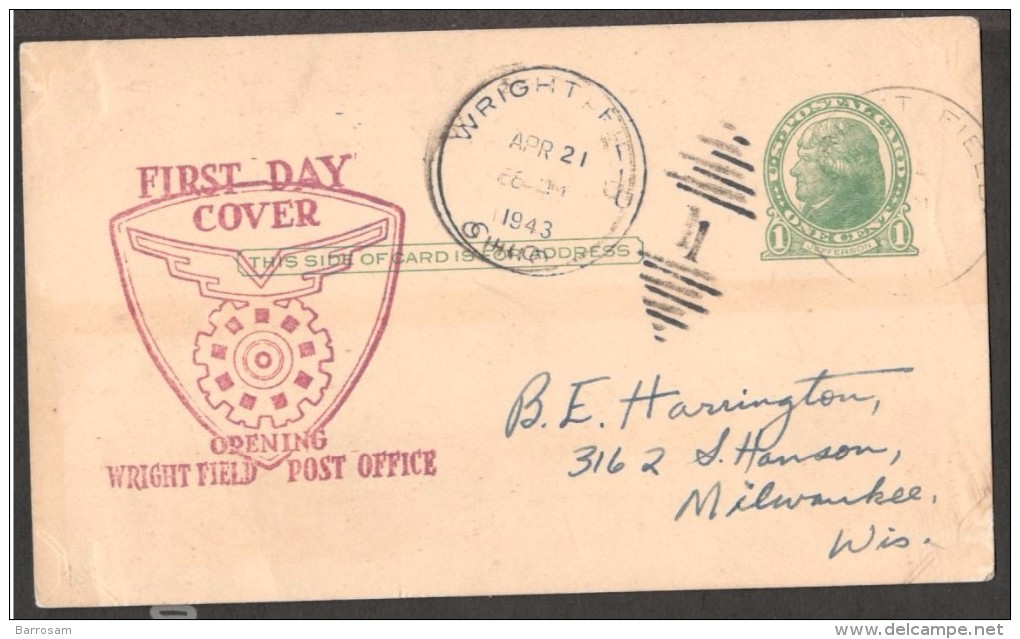 UnitedStates1943: FDC Celebrating First Day Of Post Office At WRIGHT FIELD(air Base In WW II) - Andere & Zonder Classificatie