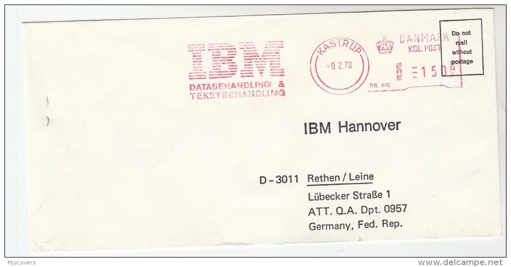 1978 DENMARK COVER METER SLOGAN Pmk IBM  DATA PROCESSING KASTRUP   To IBM Germany Computing - Computers