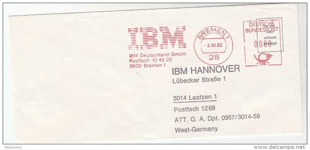 1982 GERMANY  COVER METER SLOGAN Pmk IBM BREMEN   To IBM Hannover Computing - Computers