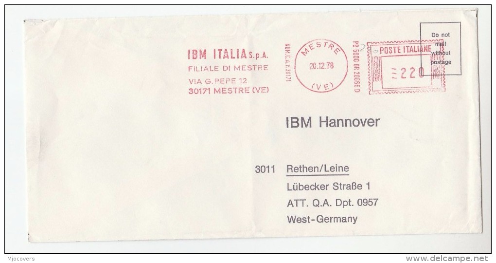 1978 ITALY COVER METER SLOGAN Pmk IBM ITALIA MESTRE To IBM Germany  Computing - Informatique