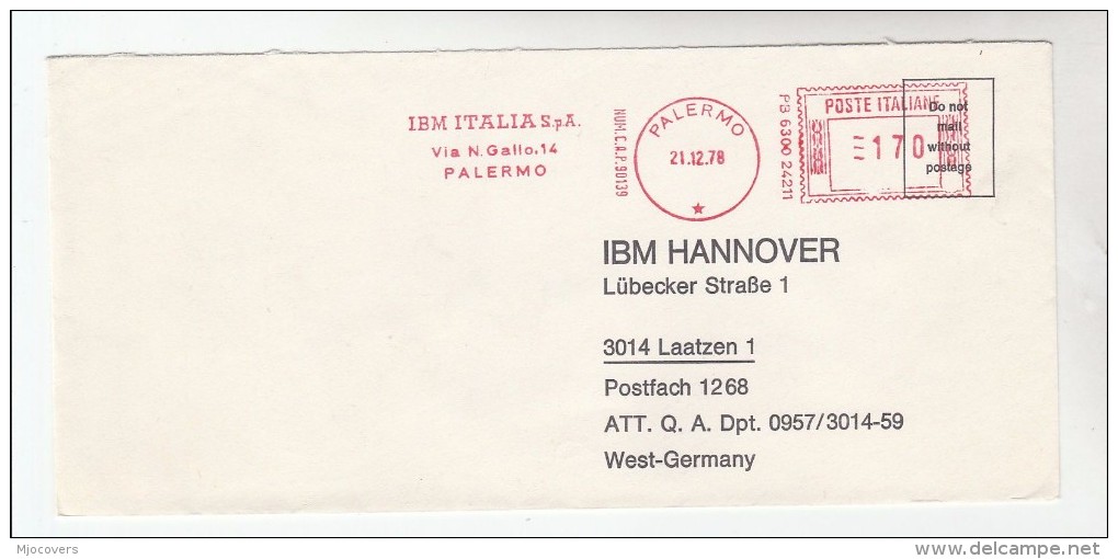 1978 ITALY COVER METER SLOGAN Pmk IBM ITALIA PALERMO To IBM Germany  Computing - Computers