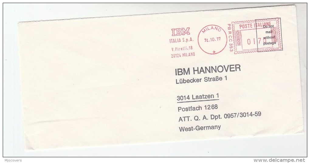 1977 ITALY COVER METER SLOGAN Pmk IBM ITALIA MILAN To IBM Germany  Computing - Computers