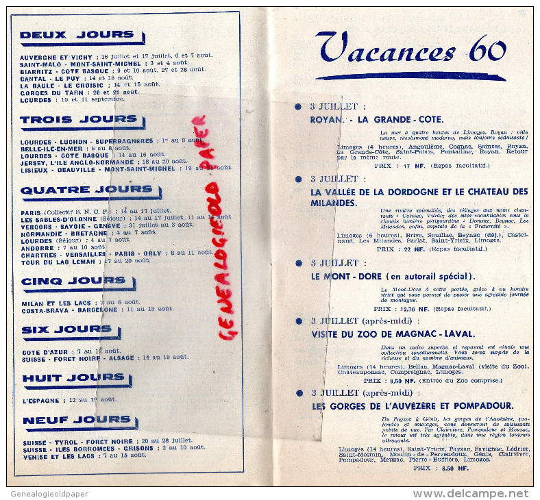 87 - LIMOGES - DEPLIANT TOURISTIQUE VACANCES 1960- ROYAN- ILE OLERON- ANDORRE- JERSEY-AUTRICHE- ITALIE - Dépliants Touristiques