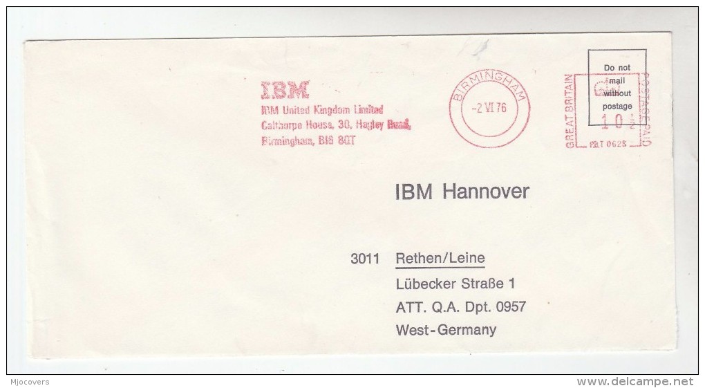 1976 GB COVER METER SLOGAN Pmk IBM BIRMINGHAM To IBM Germany  Computing - Computers