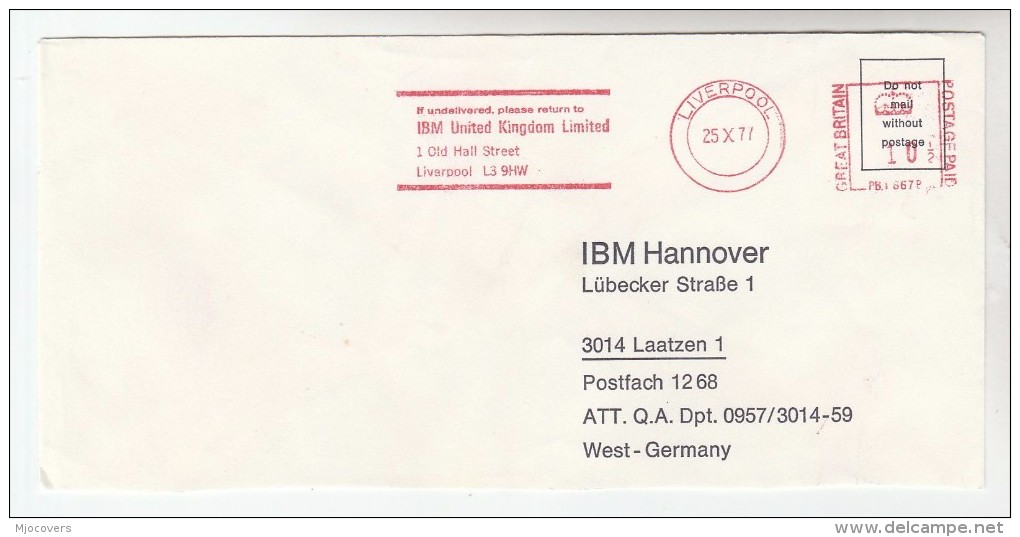 1977 GB COVER METER SLOGAN Pmk IBM LIVERPOOL To IBM Germany  Computing - Computers