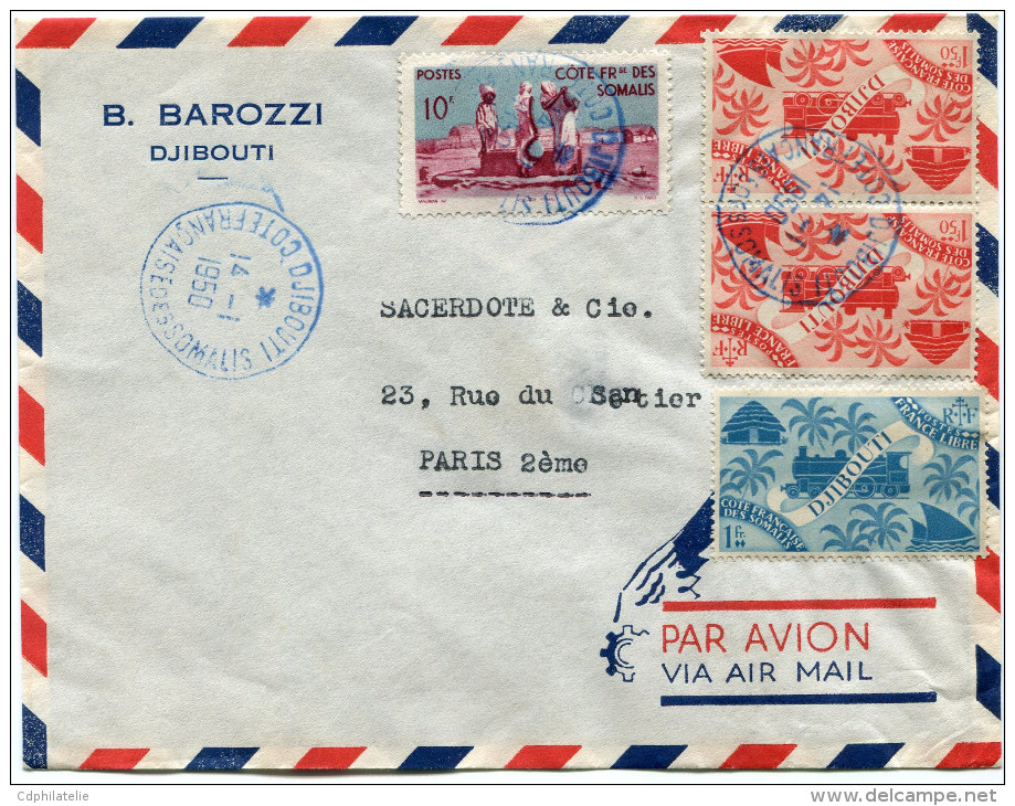 COTE FRANCAISES DES SOMALIS FRANCE LIBRE LETTRE PAR AVION DEPART DJIBOUTI 14-1-50 POUR LA FRANCE - Lettres & Documents