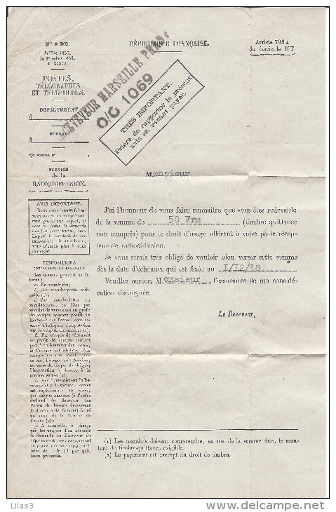 Cachet MARSEILLE AV DU PRADO 18/11/1938 Sur Document De La Poste Pour La Redevance De Radiodiffusion - Radio-uitzending