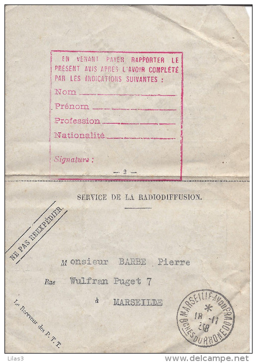 Cachet MARSEILLE AV DU PRADO 18/11/1938 Sur Document De La Poste Pour La Redevance De Radiodiffusion - Radio-uitzending