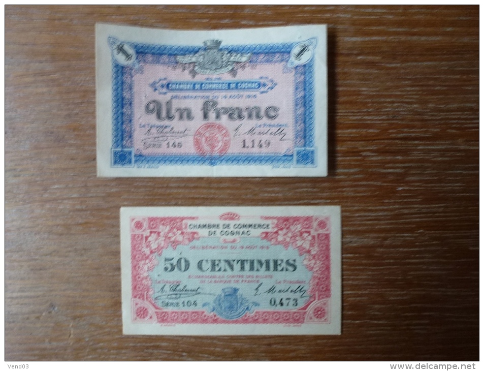 CHAMBRE DE COMMERCE DE COGNAC 50 CENTIMES, 1 FRANC,  ( 2 BILLETS) - Camera Di Commercio