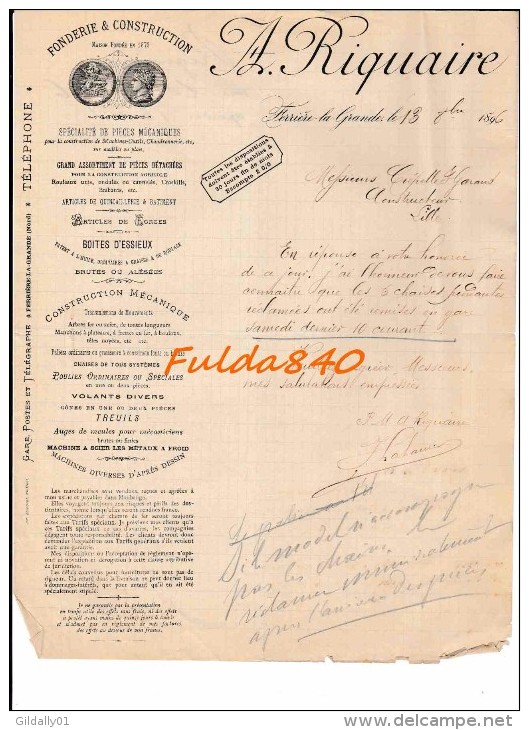 Facture: FERRIERE LA GRANDE.   Fonderie & Construction  -  RIQUAIRE.   1896. - 1900 – 1949