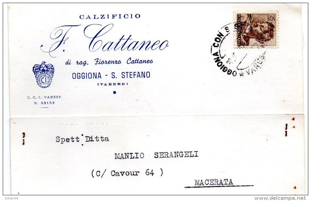 PUBBLICITARIA COMMERCIALE CARTOLINA POSTALE 1962  OGGIONA - CALZIFICIO CATTANEO - 1946-60: Marcophilia