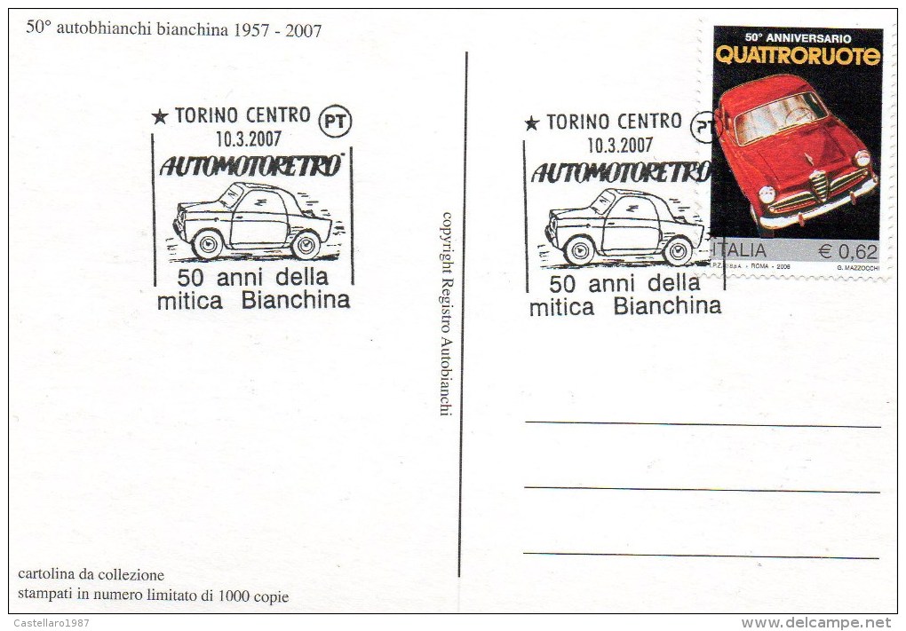 Torino - 50° Autobianchi Bianchina 1957-2007 - Cartolina Da Collezione Stampati In Numero Limitato Di 1000 Copie - Expositions