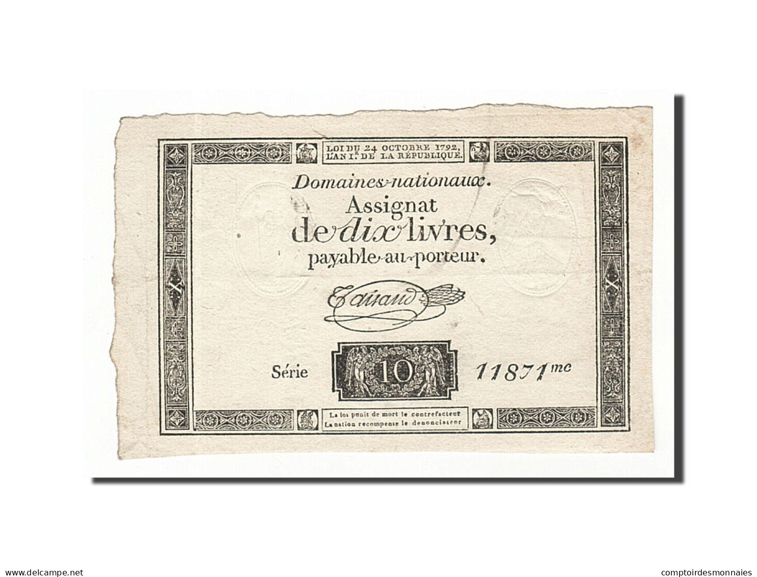 Billet, France, 10 Livres, 1792, 1792-10-24, Taisaud, TTB+, KM:A66b - Assegnati