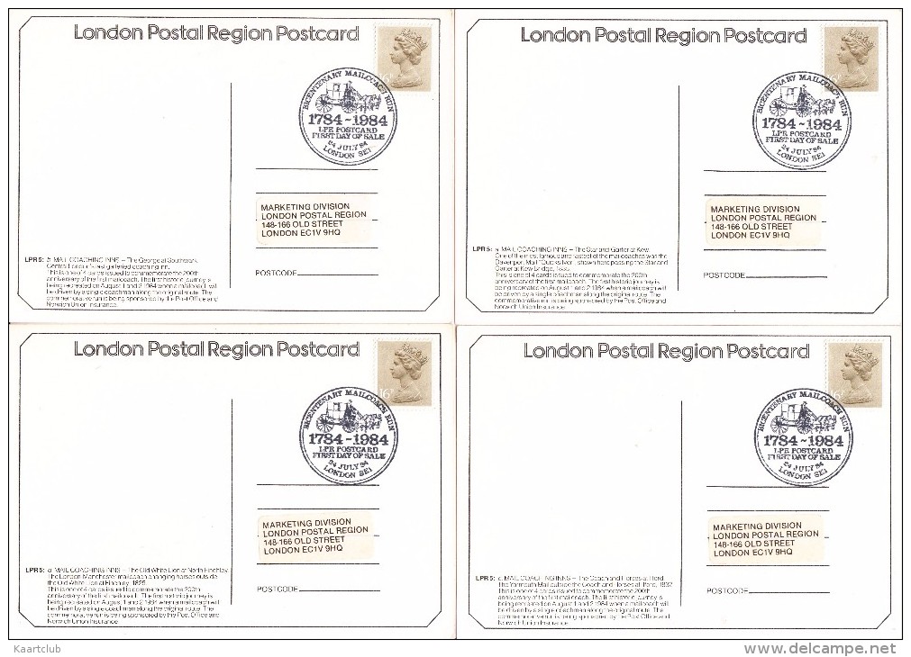4 POSTCARDS: 200 YEARS Of MAIL-COACH - SPECIAL POSTMARKS 'Bicentenary Mailcoach Run 1784-1984 London' - Post