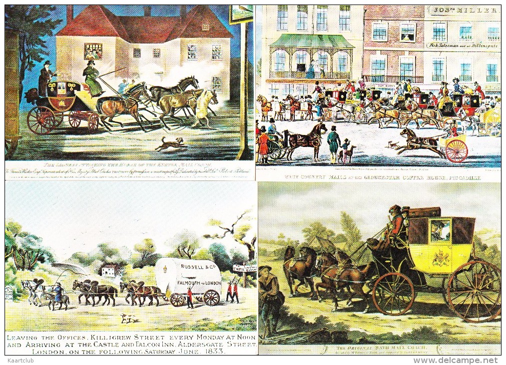 4 POSTCARDS: MAIL-COACH - Exeter, Gloucester, Falmouth & Bath - England - Post