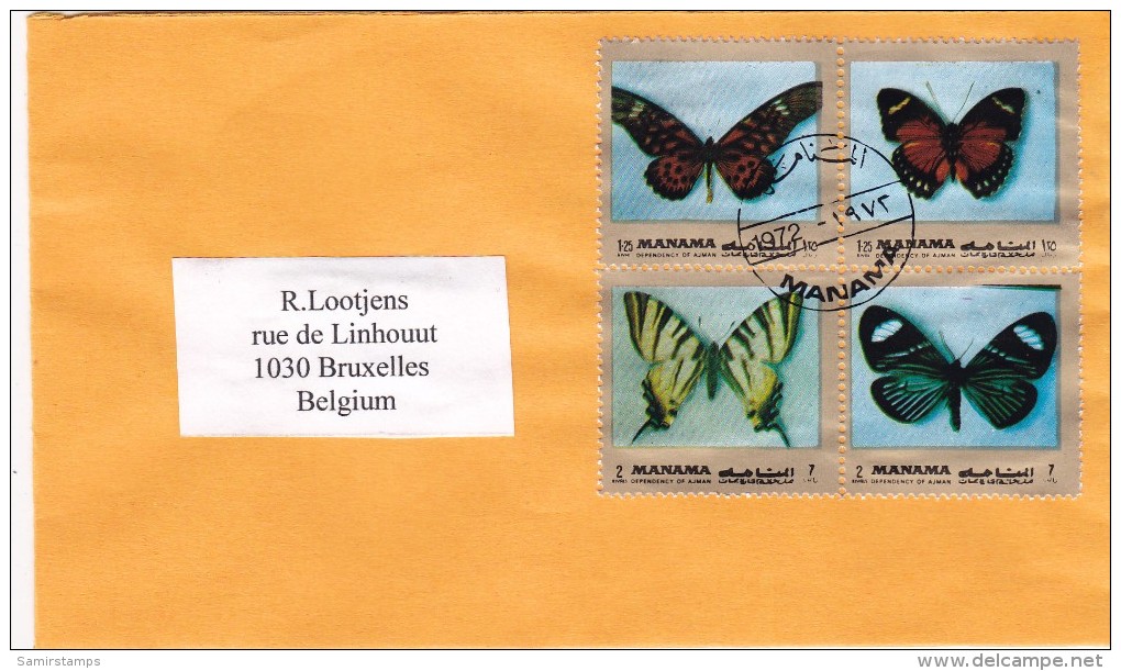 Manama Cover 1972 Sent To Beligum,franked Bloc's Of 4 Butterfliers,clear Cancellation-fine Condit- Scarce-SKRILL PAY ONL - Manama