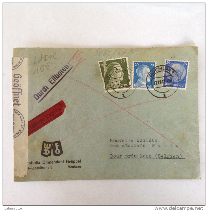 LetDoc. 155. Lettre Censurée Envoyée De Bochum En Allemagne à Dour Près De Mons En 1941 - Briefe U. Dokumente