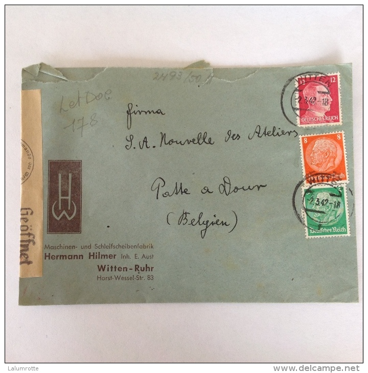 LetDoc. 178.  Lettre Envoyée De Witten - Ruhr  Société Hermann Hilmer En  Allemagne Vers Dour  En Belgique En 1942. - Briefe U. Dokumente