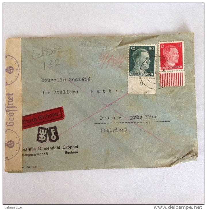 LetDoc. 182.  Lettre Envoyée De Bochum En  Allemagne Vers Dour  Près De Mons En Belgique En 1942. Languette Sur Timbres - Briefe U. Dokumente